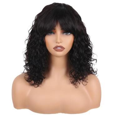 Imagem de ManeMajesty Peruca de cabelo humano molhado e ondulado com franja para mulheres negras destaque preto misto marrom encaracolado peruca sem cola Wear and Go None perucas feitas à máquina 100% cabelo