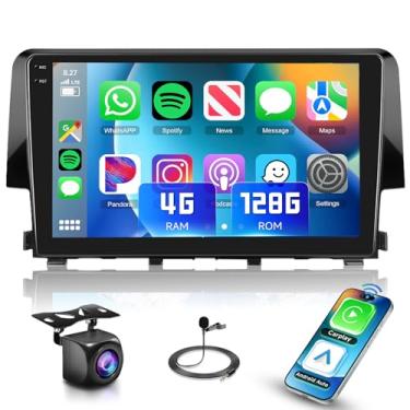 Imagem de Rádio estéreo de carro 4G + 128G para Honda Civic 2016-2020, tela sensível ao toque HD de 9 polegadas na célula/Android 15/Wireless CarPlay/Android Auto/GPS/WiFi/5.0Bluetooth/FM/RDS/SWC/AHD câmera de