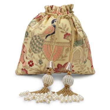Imagem de Bolsa Potli bordada de luxo, seda com padrão floral dourado, fecho de cordão de borla de pérola, bolsa de casamento tradicional, Verde, Small