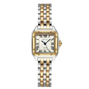 Imagem de Kchss Relógio feminino com mostrador romano, pulseira de aço inoxidável, conjunto de relógio de pulso feminino, Aba. Prata e branco dourado