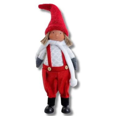 Imagem de Boneca Decorativa Enfeite de Natal em Tricot, Artesanal, Gorro e Suspensório Vermelho, 42cm, Ideal para Decoração Natalina e Festas de Final de Ano