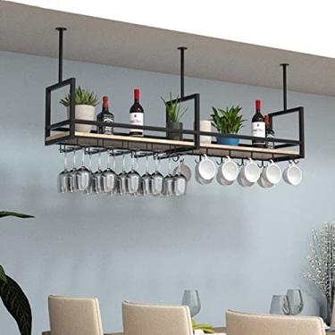 Imagem de Prateleira de teto – Suporte de copo de vinho suspenso no teto, rack multifuncional de armazenamento de madeira maciça de ferro forjado, suporte de vinho para montagem no teto, suporte de exibição de
