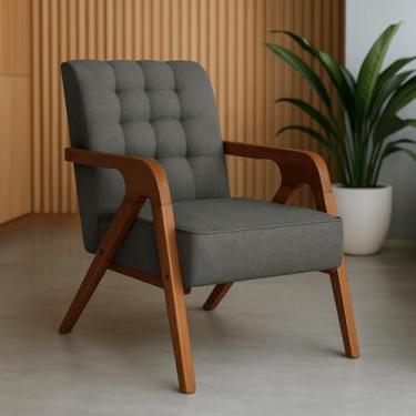 Imagem de Poltrona Cadeira Decorativa Tecido Linho Pés Madeira Maciça para Sala de Estar Recepção (Cinza Escuro)