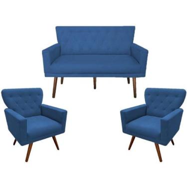 Imagem de Kit Namoradeira + 2 Poltronas Decorativa Aurora Suede Azul Marinho Pés