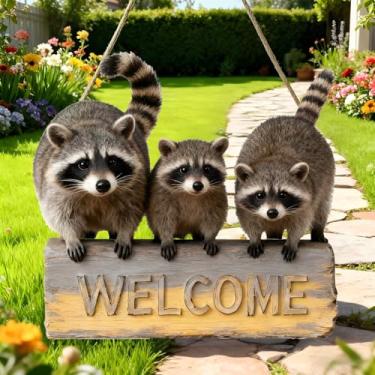 Imagem de Placa suspensa de boas-vindas da família guaxinim - decoração fofa para ambientes internos/externos para jardim, cerca, casa/MP-04