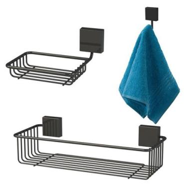 Imagem de Kit Banheiro Suporte Porta Shampoo + Saboneteira + Gancho Preto Nero -