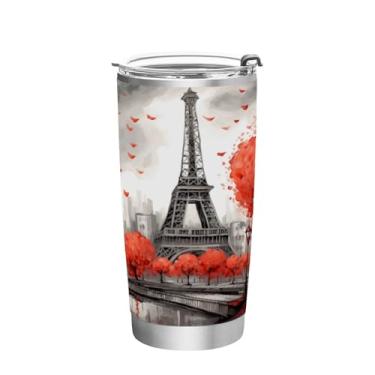 Imagem de Blueangle Copo de 590 ml com tampa e canudo, copo térmico de aço inoxidável com isolamento a vácuo, caneca térmica da Torre Eiffel de Paris para bebidas quentes e frias (878)