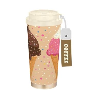 Imagem de SEHANY Caneca de viagem de sorvete fofa de 500 ml Copos de café reutilizáveis revestidos de cerâmica com tampa à prova de vazamento, parede dupla, isolamento a vácuo, copo de café de aço inoxidável