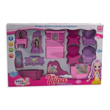 Imagem de Kit de Acessórios para Casa da Boneca Nina, 12 Peças, Plástico, Inclui Penteadeira, Espelho, Televisão, Piano, Guarda Roupas, Poltronas e Mesa