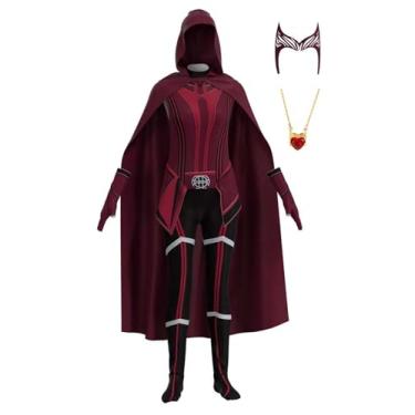 Imagem de Kaziuoi Women Halloween Witch Cosplay Costume Red Jumpsuit With Headpiece Hooded Cloak Necklace Outfits (Wine-K, Small)