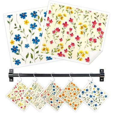 Imagem de Nyixblyre Panos de prato suecos para cozinha, pacote com 5 toalhas de papel reutilizáveis com flores florais com 3 ganchos, conjunto de pano de prato lavável, pano de limpeza absorvente para lavar