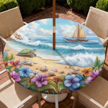 Imagem de Yesad Toalha de mesa redonda para uso ao ar livre com orifício para guarda-chuva, toalha de mesa com zíper e borda elástica, capa de toalha de mesa à prova d'água para piqueniques, serve para mesa