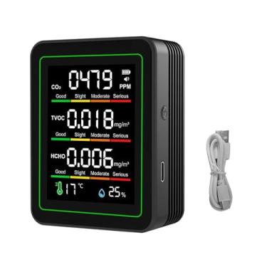 Imagem de Garosa Monitor de Qualidade do Ar 5 Em 1 Testador de Ar Interno Com Sensor NDIR para CO2 TVOC HCHO Detecção de Temperatura e Umidade Bateria Recarregável e Tela Colorida