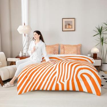 Imagem de Conjunto de cama abstrato, 7 peças, estilo simples, laranja, branco, ondas, retalhos, geométrico, zebra ondulada, listras onduladas (edredom + lençol de cima + fronhas + fronhas de travesseiro), casal