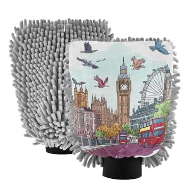 Imagem de STAYTOP Luvas de lavagem de carro London Street Big Ben, 2 peças, luvas de microfibra de chenille, sem arranhões, panos de esponja de lavagem ultra absorventes para carros, limpeza doméstica - M