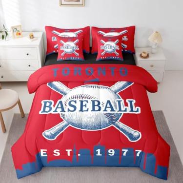 Imagem de Erosebridal Jogo de cama solteiro com edredom de softball, cidade de beisebol, 7 peças, para crianças, meninos, adultos, homens, quarto, esportes, jogos, (Toronto) vermelho e azul