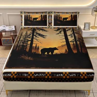 Imagem de AILONEN Jogo de lençol casal com urso, tema rústico de caça de animais selvagens, para crianças, meninos, pôr do sol e floresta, com 2 fronhas, 3 peças