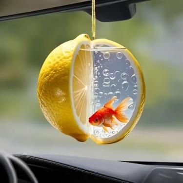 Imagem de Ornamento acrílico de limão e peixe dourado - decoração criativa para pendurar em aquário de meio limão com corda dourada para espelho de carro, janela de casa e prateleira (1 peça)/GJ-32