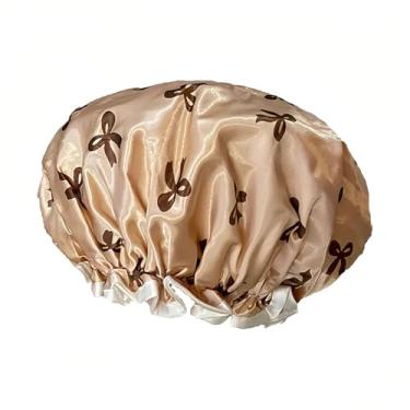 Imagem de Toucas de banho impermeáveis reutilizáveis para mulheres - Design de camada dupla padrão e cor sólida para chuveiro, spa, cozinha e viagem proteção de cabelo (dourado)