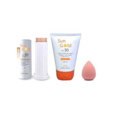 Imagem de Protetor Solar em Bastão FPS 80 - Sun Gold Stick + Protetor Solar Corporal FPS 30 Toque Seco - Sun Gold + Esponja de Maquiagem |Oferta por Tempo Limitado| Toque Seco, Cobertura Uniforme, Vitamina C | O Benessere Nutrition | 12 gramas + 120 ml | (MÉDIO)
