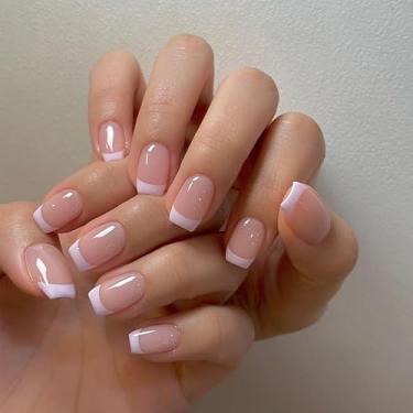 Imagem de Unhas curtas francesas com tecnologia Flexi-Fit – Unhas postiças sem lascas, kit de manicure reutilizável com 24 peças, inclui cola de unha rosa, mini lima, bastão de manicure para mulheres shuidi