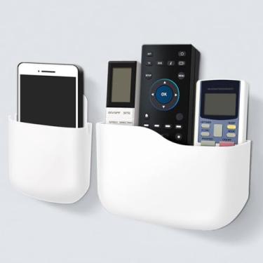 Imagem de Conjunto de suporte de controle remoto, organizador de materiais de escritório, prateleiras de controle remoto de áudio-vídeo para cabeceira, com caixa de armazenamento e ganchos autoadesivos, classificadores de correio para telefone de parede branca