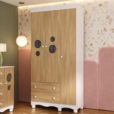 Imagem de Guarda-roupa Infantil 92cm com Vidro 3 Portas e 2 Gavetas Suspiro Multimóveis Mp4457 Branco/madeirado