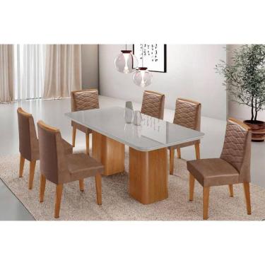 Imagem de Sala Jantar Mesa Maldivas Tampo c/ Vidro Curvo 180cm+6 Cadeiras Maldivas Madeira Naturale/Off White - Capuccino/Corano Capuccino - Rufato