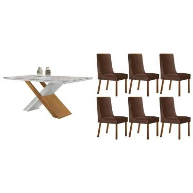 Imagem de Sala Jantar Mesa Imperatriz Tampo c/ Vidro Curvo 180cm+6 Cadeiras Dakota Madeira Naturale/Off White - Capuccino/Suede Marrom - Rufato