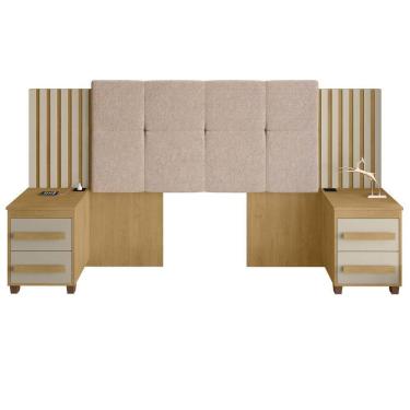 Imagem de Cabeceira Casal Extensível Com 2 Mesas De Apoio Ripado E Estofado Cinamomo Com Off White Suíça - Rv Móveis