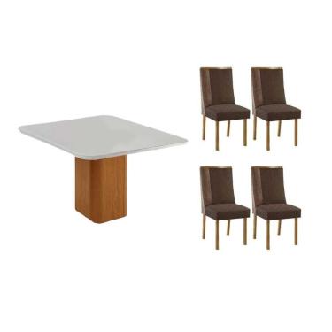 Imagem de Sala Jantar Mesa Maldivas Tampo c/ Vidro Curvo 90cm+4 Cadeiras Tilia Madeira Naturale/Off White - Capuccino/Suede Marrom - Rufato