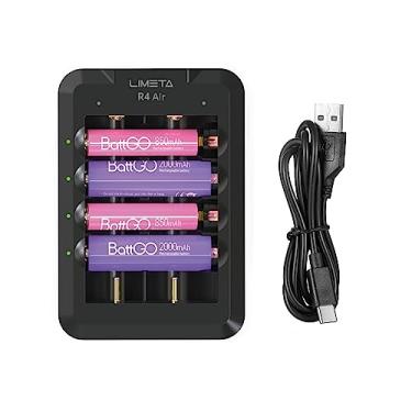 Imagem de LIMETA Carregador de bateria AA AAA de 4 compartimentos com carregamento rápido USB-C Bluetooth para baterias de lítio 1,2 V Nimh Nicd Nizn 1,5 V 3,7 V lítio 18650 21700