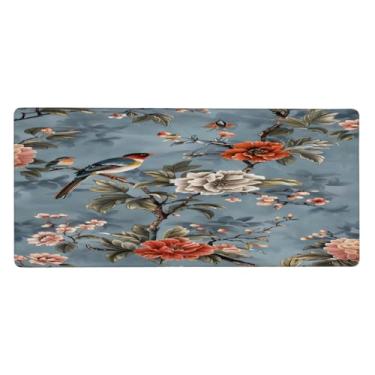 Imagem de Tapete de mouse retrô de flor grande pássaro peônia à prova d'água protetor de mesa estendido para computador, base de borracha antiderrapante para escritório, computador, teclado, laptop e mesa de