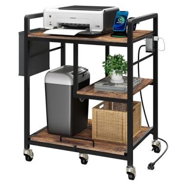 Imagem de Sedegn Suporte de impressora industrial de 3 níveis - Mesa grande para impressora alta com rodas Carrinho de rodinhas para impressora resistente para escritório em casa, rústico, marrom