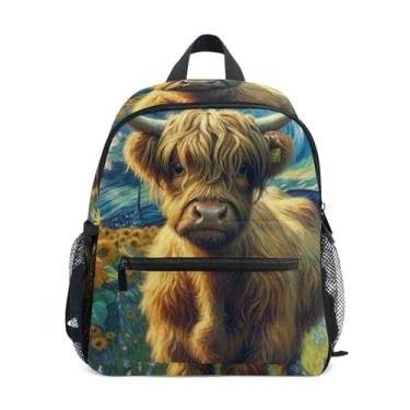 Imagem de GAIGEO Highland Cow Starry Sunflower Backpacks for Kids 10x4x12 In, Backpack for Toddler Boys with Water Bottle Pockets, Whistle Buckle