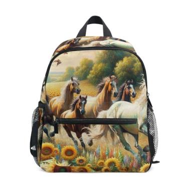 Imagem de GAIGEO Horses Sunflowers Scene Children's Backpack, 10x4x12 In, Baby Girl Backpack Includes Water Bottle Pockets, Whistle Clip for Safety