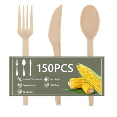 Imagem de Talheres descartáveis resistentes a granel, 150 peças, garfos, colheres e facas compostáveis, conjunto de talheres descartáveis, utensílios de alimentação biodegradáveis para festas, casamentos