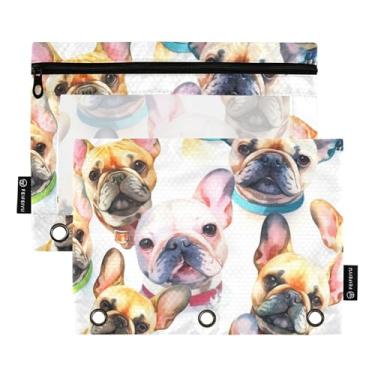 Imagem de Bolsa de lápis personalizada para fichário com 3 anéis, aquarela, buldogue francês, para canetas, lápis, fichário com zíper, bolsos escolares transparentes, pastel, 25 x 18 cm, 2 pacotes