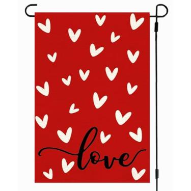 Imagem de RABUSOFA Bandeira de jardim de dia dos namorados 30,5 x 45,7 cm dupla face, coração de amor, aniversário de casamento, bandeira externa (10) (vermelho, tamanho do jardim: 30,5 x 45,7 cm)