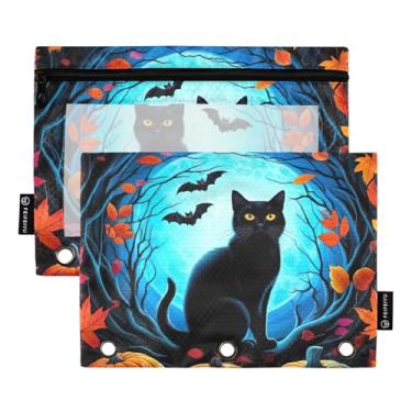 Imagem de GAIGEO Pasta de lápis Halloween Black Cat Pumpkins com 3 argolas, bolsa para canetas, fichário com zíper, estudantes, bolsos transparentes, tecido 25 x 18 cm, 2 pacotes