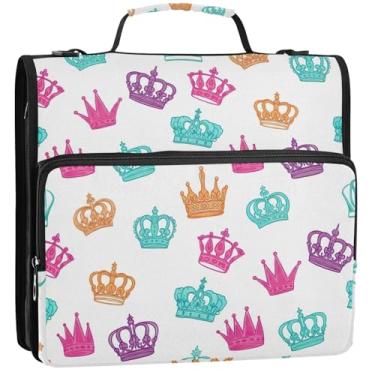 Imagem de Organizador de fichário com zíper, coroas, pastel, 3 anéis, 3 argolas, floral, resistente, bolsa com alça de ombro, vários bolsos, pasta grande para portfólio, 34,5 x 31,5 x 9 cm