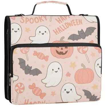 Imagem de Organizador de fichário com zíper, lindos fantasmas brancos, rosa pastel, 3 anéis, fichários rosa com alça, bolsa de ensino médio, vários bolsos, pasta grande, 34,5 x 31,5 x 9 cm