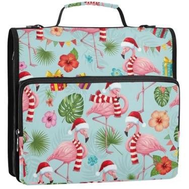 Imagem de Fichário rosa com 3 anéis de 3,8 cm Anel D festivo flamingos rosa Papai Noel organizador com zíper para 500 folhas com alça bolsa de ensino médio, 34,5 x 31,5 x 9 cm