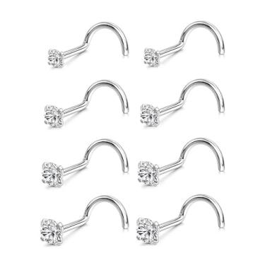 Imagem de Incaton 8 peças de anéis de nariz 20G de ouro/prata, aço inoxidável cirúrgico 316L, hipoalergênico, parafuso de saca-rolhas, piercing de parafuso para mulheres, tamanho CZ 1,5 mm, 2 mm, 2,5 mm, 3 mm