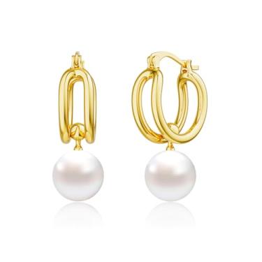 Imagem de MOODEAR Brincos delicados de pérolas de água doce – Moderno banhado a ouro 14 quilates/prata esterlina 925 pequeno brinco com pingente de argola para mulheres, presentes de casamento, Latão, Pérola