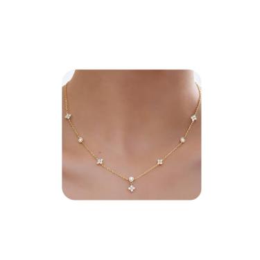 Imagem de Waeceip Colar gargantilha de flor banhada a ouro 14K, colares de zircônia cúbica, joias de ouro delicadas, presentes para mulheres, amigas, presente de aniversário, ouro, strass, flor, colar