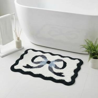 Imagem de Dylrauoza Tapete de banho com laço preto, 51 x 81 cm, tapete de banho recortado para banheiro, preto e branco, fofo, tapete de banho estético antiderrapante, lavável na máquina, tapete de pelúcia