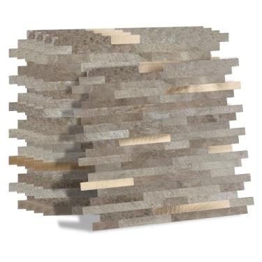 Imagem de 6 folhas de azulejos de mármore autoadesivos, adesivos de metrô marrom misturado dourado em azulejos de parede para cozinha, lavanderia, lareira (29,4 cm x 30 cm)