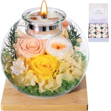 Imagem de Presentes de aniversário de Natal para mulheres, mães, flores frescas, rosas preservadas, flores para sempre, em cúpula de vidro com vela perfumada, presentes de rosa eterna para mulheres, mãe, esposa