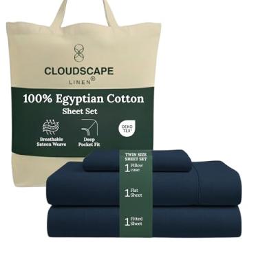 Imagem de Jogo de cama solteiro de algodão egípcio de camada dupla Cloud Scape Linen – Tecido de cetim de fibra longa, conjunto de cama essencial de 3 peças de qualidade de hotel macio, bolsos profundos de até